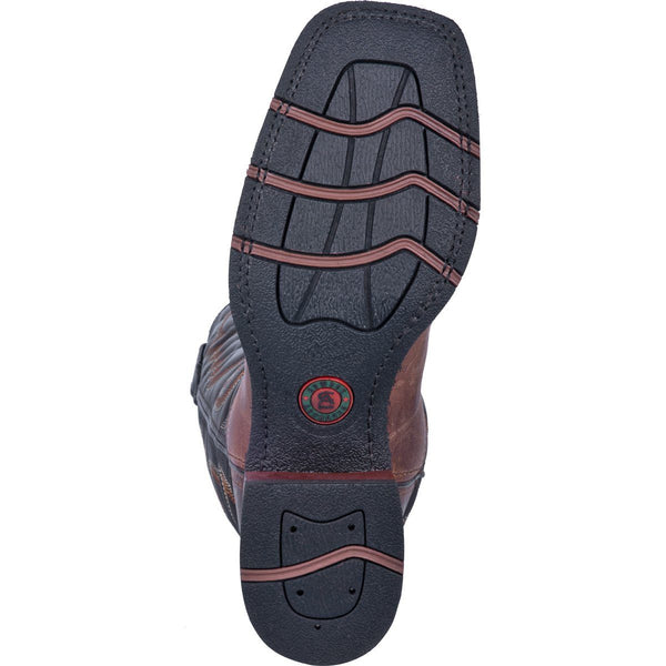 black sole with brown accents and red and green logo