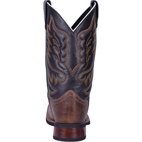 back of cowboy boot with black shaft and brown vamp. brown and white embroidery 