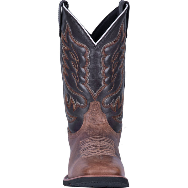 front of cowboy boot with black shaft and brown vamp. brown and white embroidery 