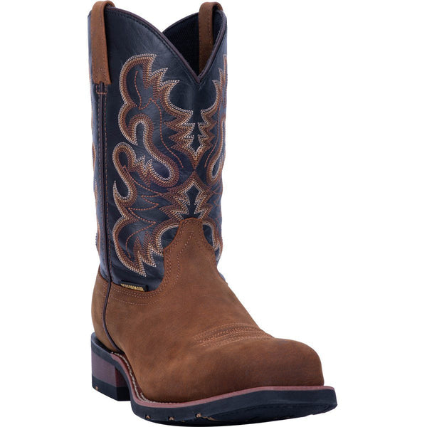 cowboy boot with black vamp with light brown and dark brown embroidery. light brown vamp