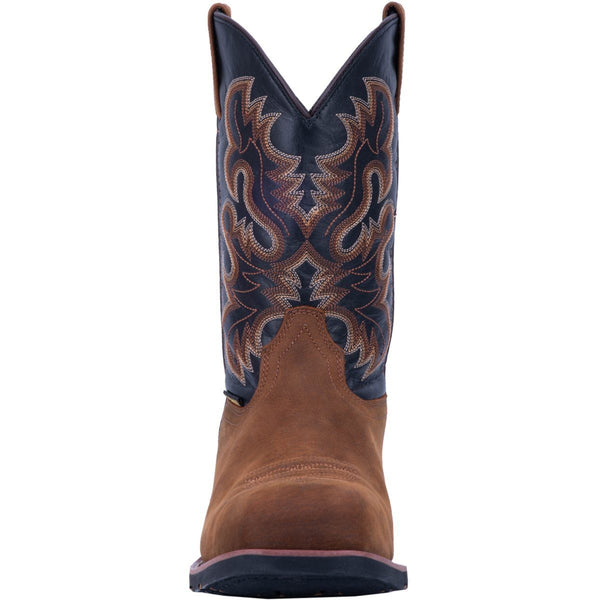 front of cowboy boot with black vamp with light brown and dark brown embroidery. light brown vamp