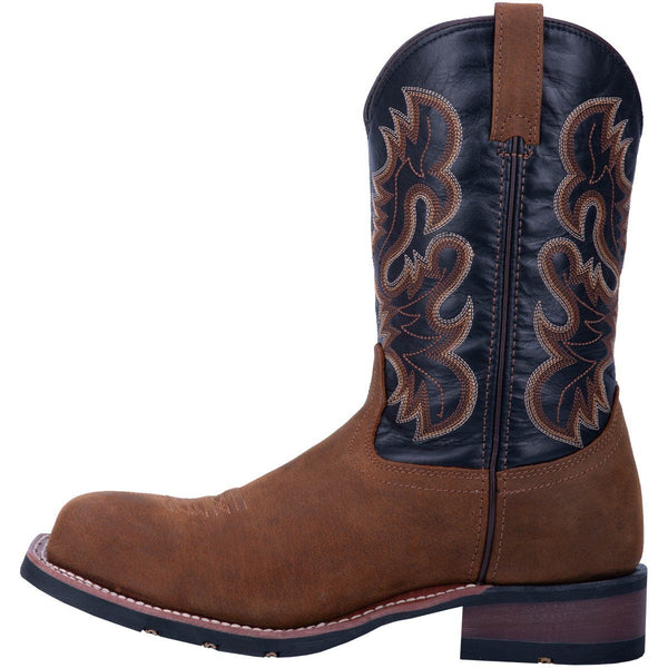 alternate side of cowboy boot with black vamp with light brown and dark brown embroidery. light brown vamp