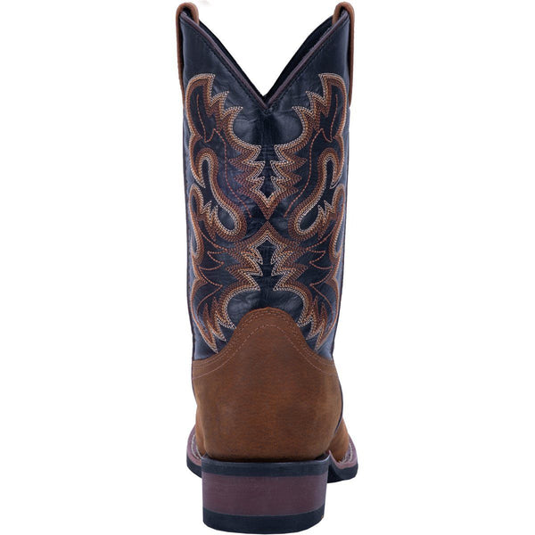 back of cowboy boot with black vamp with light brown and dark brown embroidery. light brown vamp