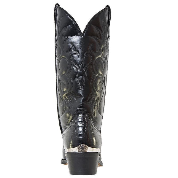 back of black cowboy boot with embossed design on shaft and crocodile skin vamp