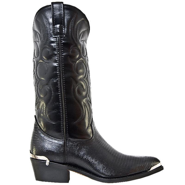 alternate side of black cowboy boot with embossed design on shaft and crocodile skin vamp