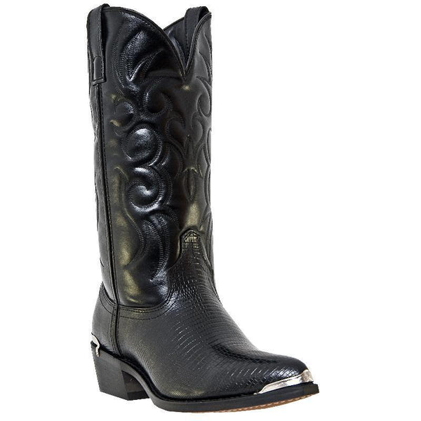 black cowboy boot with embossed design on shaft and crocodile skin vamp