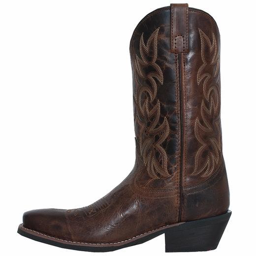 side of brown/red cowboy boot with white embroidery and square toe