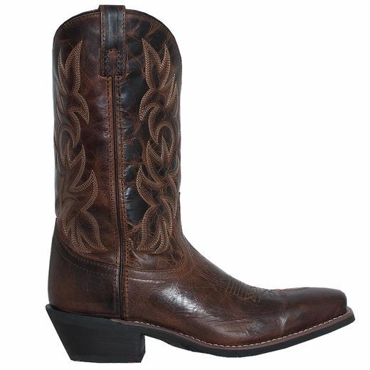 alternate side of brown/red cowboy boot with white embroidery and square toe