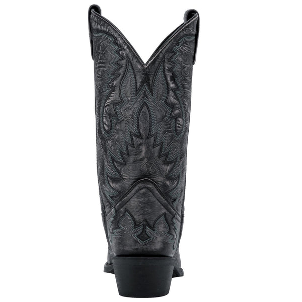 back of black cowboy boot with white and black embroidery all over and black sole