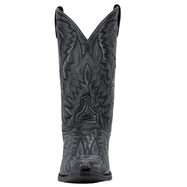 front of black cowboy boot with white and black embroidery all over and black sole