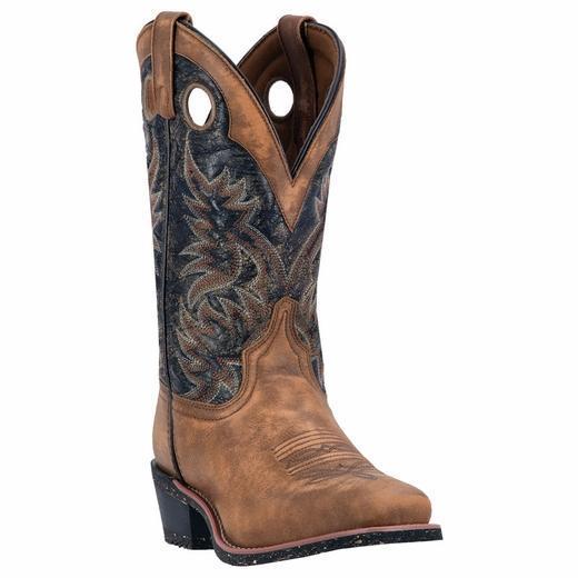 cowboy boot with black shaft and brown vamp. shaft with brown and white embroidery