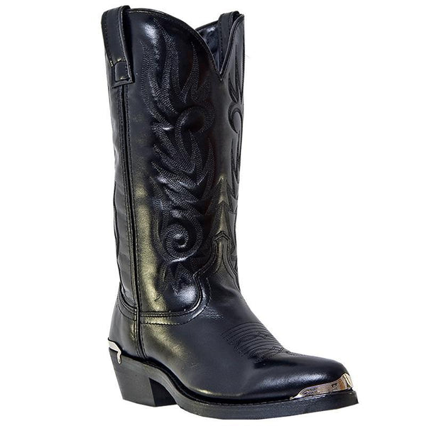 black cowboy boot with black embroidery and silver toe guard