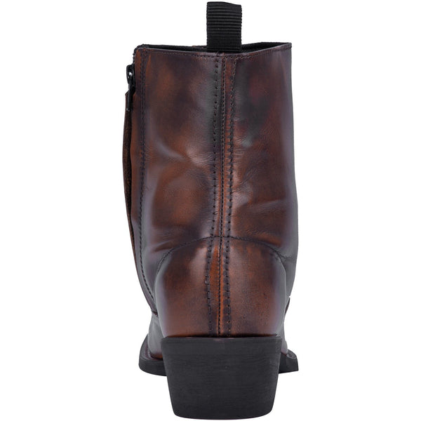 back of dark brown mid-rise pull on boot 
