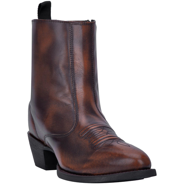 dark brown mid-rise pull on boot with cowboy style vamp