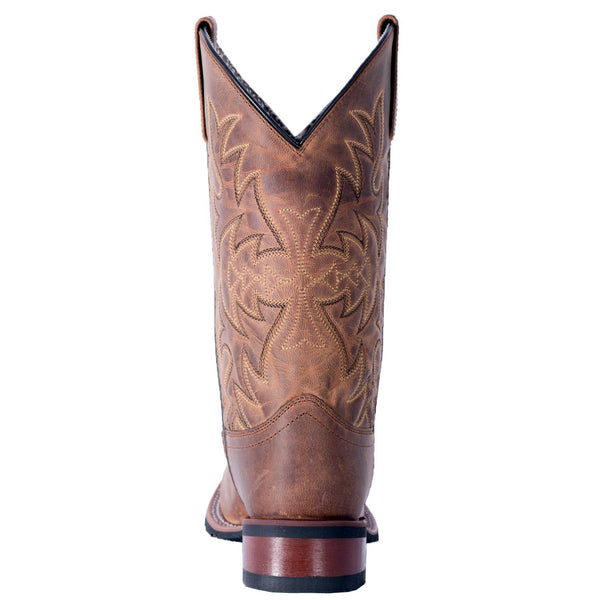 back of brown cowboy boot with light brown embroidery and distressed leather