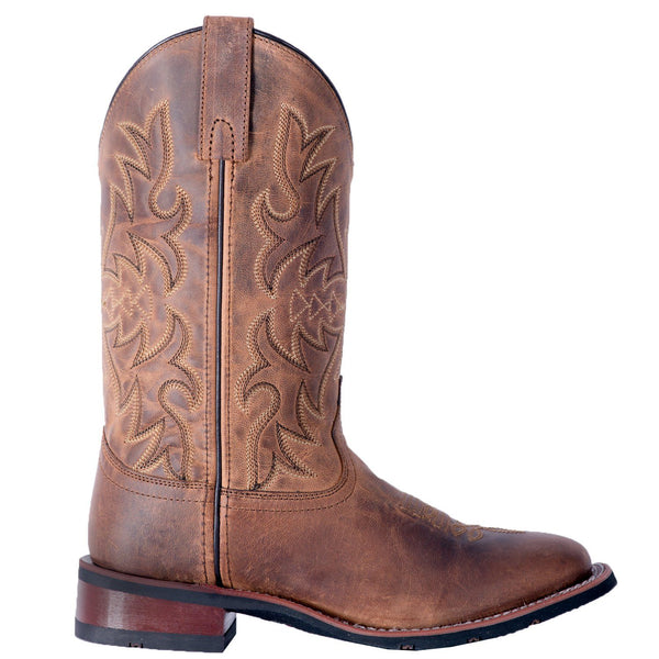 alternate side of brown cowboy boot with light brown embroidery and distressed leather