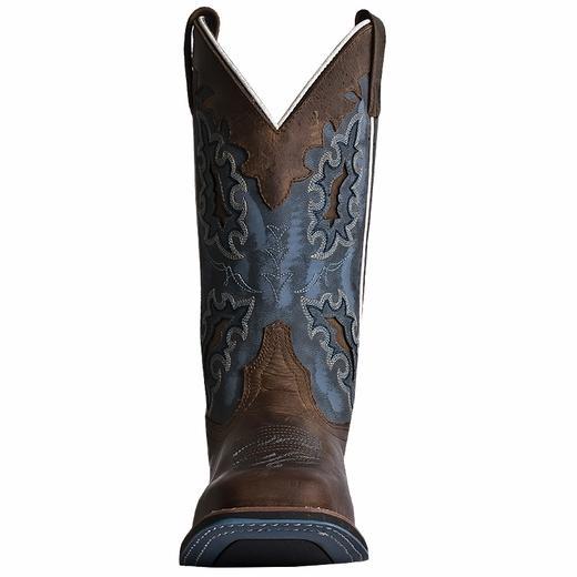 front of cowgirl boot with blue shaft, white embroidery, brown vamp, and white trim