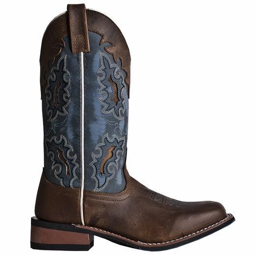 alternate side view of cowgirl boot with blue shaft, white embroidery, brown vamp, and white trim