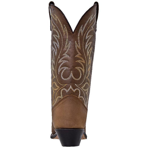 back of cowgirl boot with light brown vamp and dark brown shaft with light brown embroidery