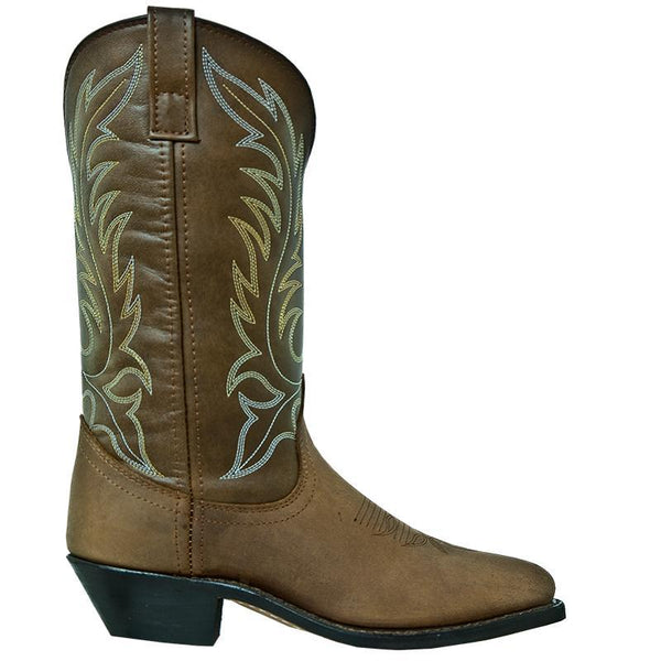 alternate side of cowgirl boot with light brown vamp and dark brown shaft with light brown embroidery