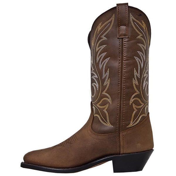 side of cowgirl boot with light brown vamp and dark brown shaft with light brown embroidery
