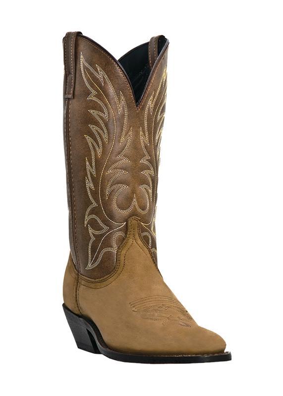 cowgirl boot with light brown vamp and dark brown shaft with light brown embroidery