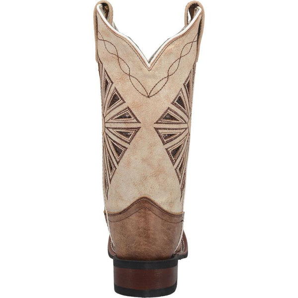 back of light brown cowgirl boot with western style designs and cow print lining inside. darker brown vamp