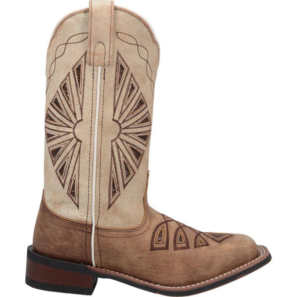 side of light brown cowgirl boot with western style designs  darker brown vamp