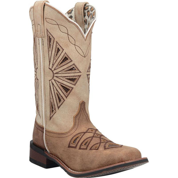 light brown cowgirl boot with western style designs and cow print lining inside. darker brown vamp