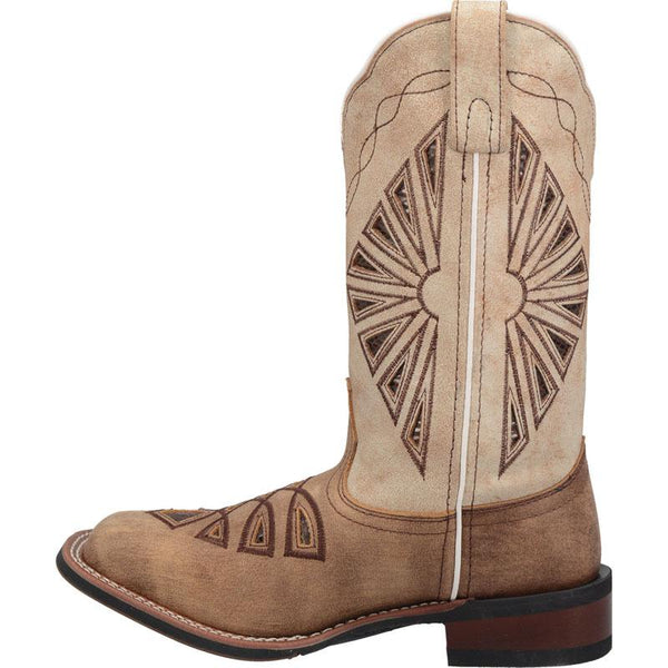 alternate side of light brown cowgirl boot with western style design. darker brown vamp