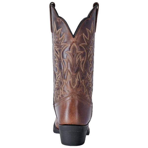 back of brown cowgirl boot with light brown embroidery and distressed leather