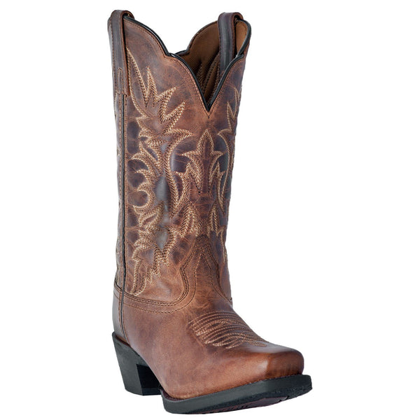 brown cowgirl boot with light brown embroidery and distressed leather