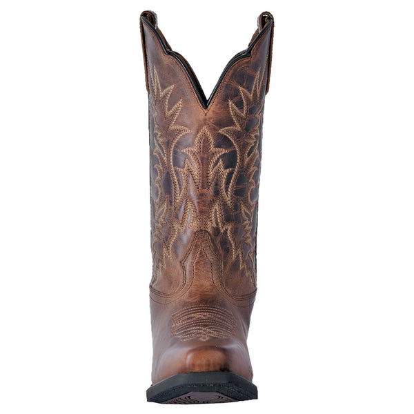 front of brown cowgirl boot with light brown embroidery and distressed leather