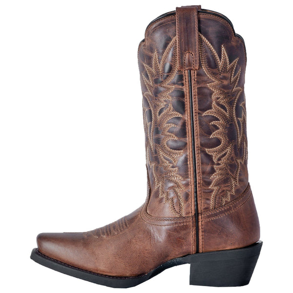 alternate side of brown cowgirl boot with light brown embroidery and distressed leather