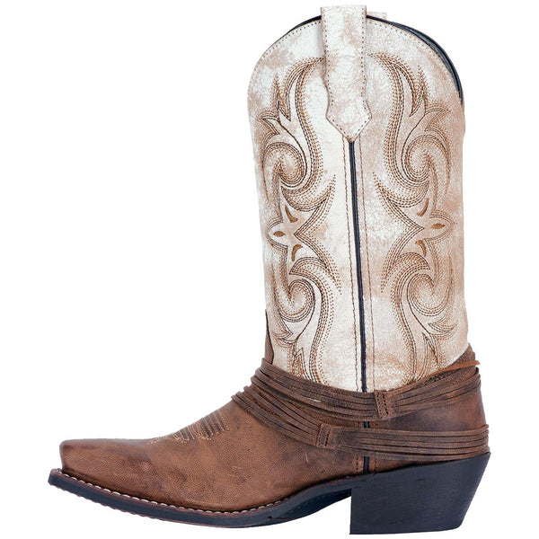 side of cowgirl boot with distressed white shaft, brown vamp, and brown embroidery. leather string belt around vamp