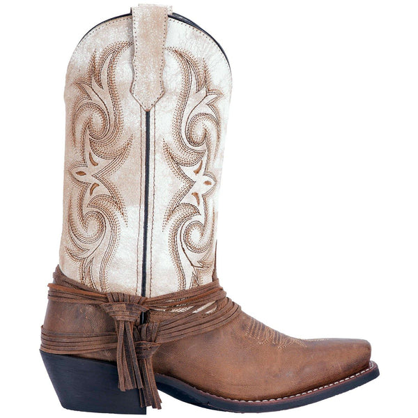 side of cowgirl boot with distressed white shaft, brown vamp, and brown embroidery. leather string belt around vamp