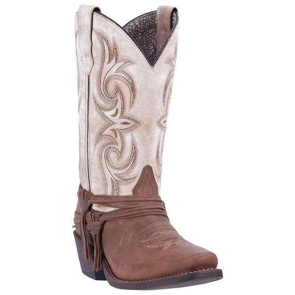 cowgirl boot with distressed white shaft, brown vamp, and brown embroidery. leather string belt around vamp