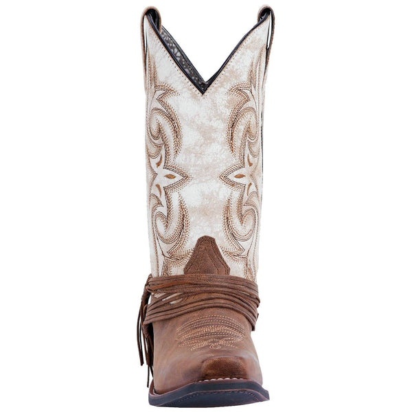 front of cowgirl boot with distressed white shaft, brown vamp, and brown embroidery. leather string belt around vamp