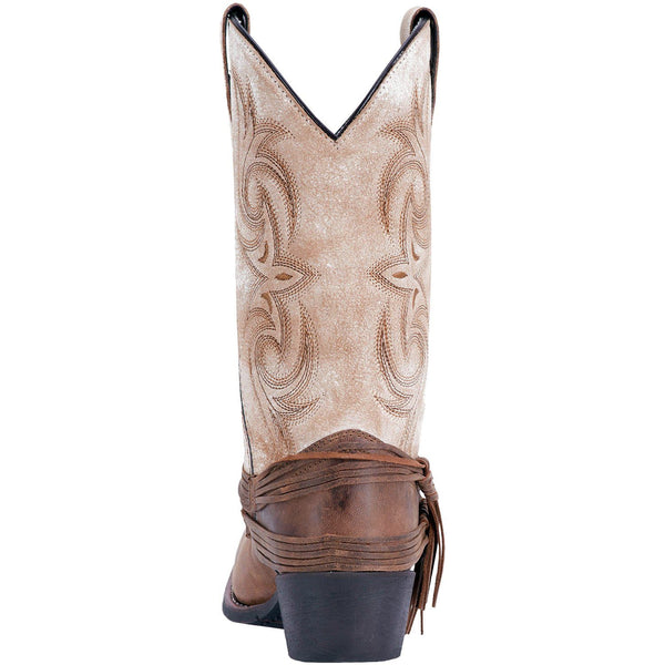 back of cowgirl boot with distressed white shaft, brown vamp, and brown embroidery. leather string belt around vamp