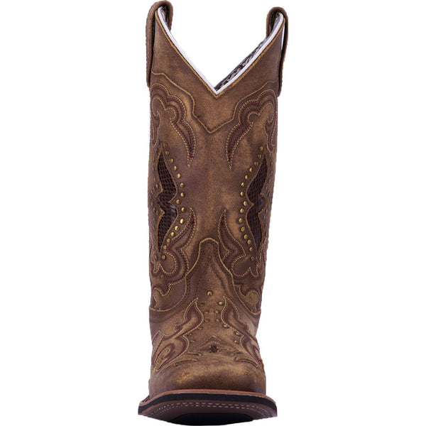 front of brown cowgirl boot with gold studs, gold embroidery, light purple lines, and alligator skin inlay on shaft