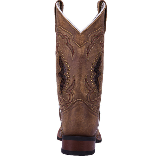 back of brown cowgirl boot with gold studs, gold embroidery, light purple lines, and alligator skin inlay on shaft