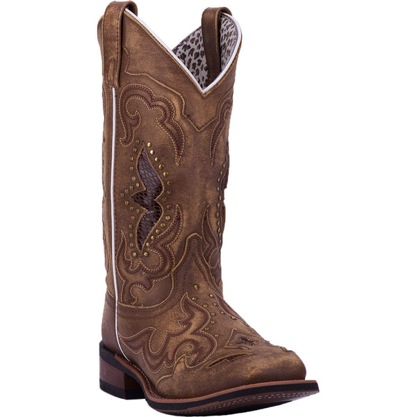 brown cowgirl boot with gold studs, gold embroidery, light purple lines, and alligator skin inlay on shaft