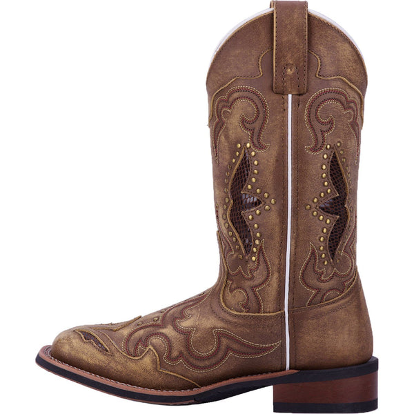 side of brown cowgirl boot with gold studs, gold embroidery, light purple lines, and alligator skin inlay on shaft