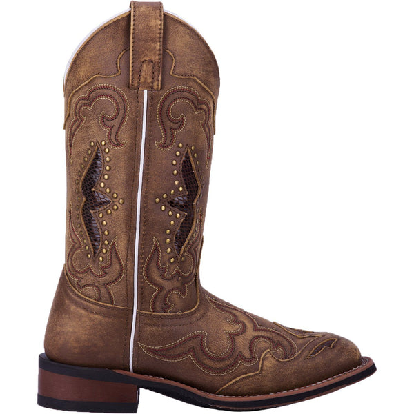 side view of brown cowgirl boot with gold studs, gold embroidery, light purple lines, and alligator skin inlay on shaft