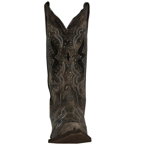 front of very dark brown cowgirl boot with pink inside, white embroidery on shaft and vamp, alligator skin inlays 
