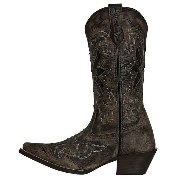 side of very dark brown cowgirl boot with pink inside, white embroidery on shaft and vamp, alligator skin inlays 