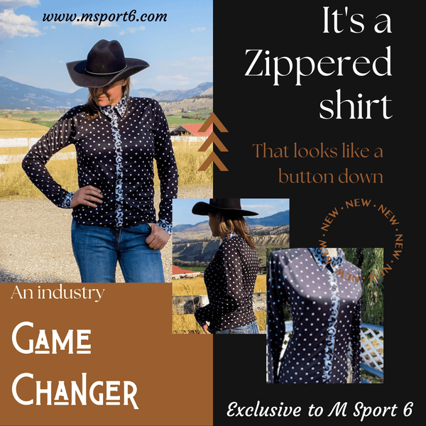 graphic with three different images of black and white polka dot long sleeve shirt with text. See description for details.