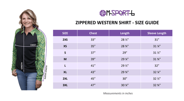 size guide chart for M Sport 6 women's zippered western shirt