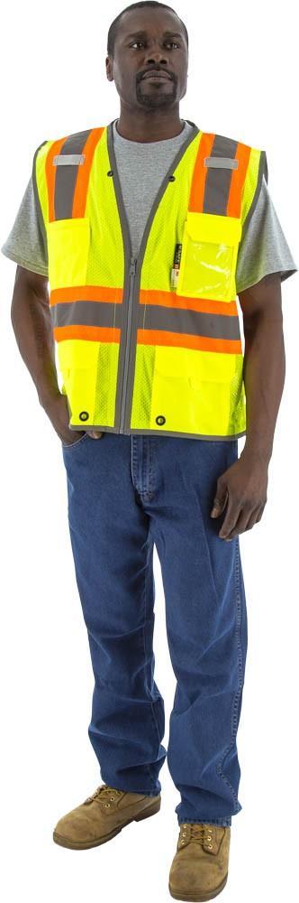 man wearing yellow, orange, and silver safety vest and grey shirt and blue jeans