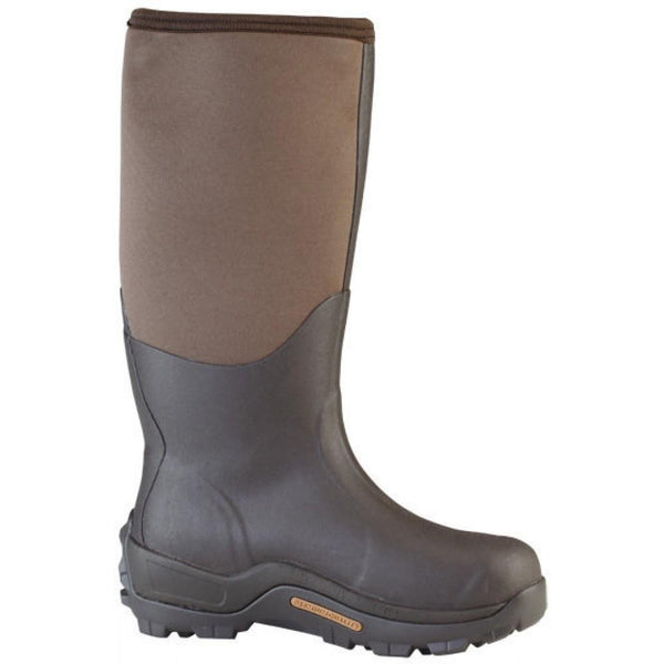 side of brown and light brown pull on rubber boot